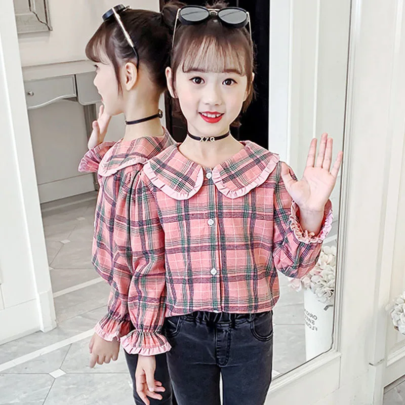 Kids Plaid Shirts Blouses Baby Big Girls Cotton Petal Sleeve Tops