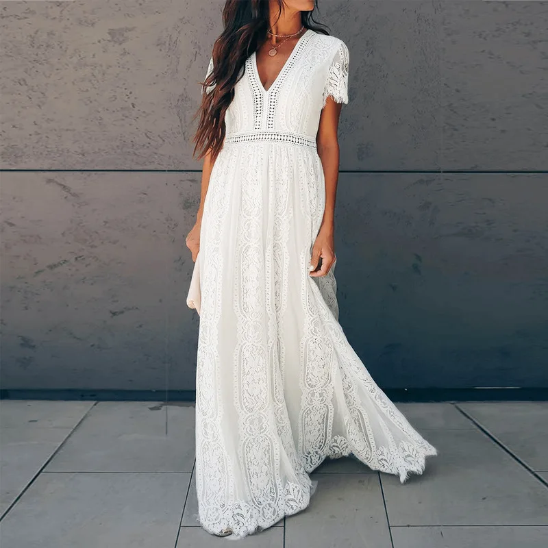 Ordifree/ летнее женское Макси платье с коротким рукавом, белое кружевное длинное пляжное платье, праздничная одежда