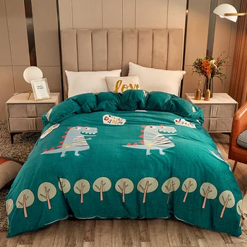 

Flannel Velvet Duvet Cover Cartoon Dinosaur Printed Home Quilt Cover Winter Warm Comforter Case for Kids Adult 200x230 220x240cm