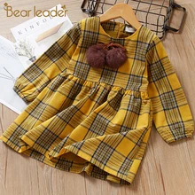 Bear leader/платье для девочек новое Брендовое весеннее платье для девочек детское платье в клетку с длинными рукавами, костюм детская одежда с плюшевым бальным декором на возраст от 3 до 7 лет