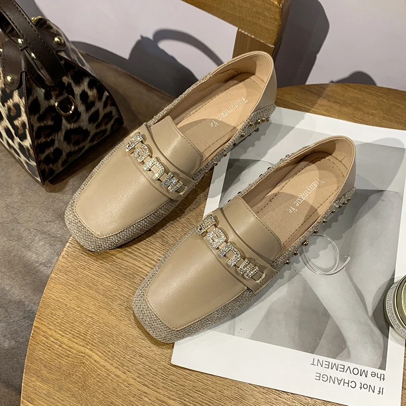 

Fashion rhinestone flat female spring and autumn new square head sexy retro black casual non-slip pu leather women's shoes