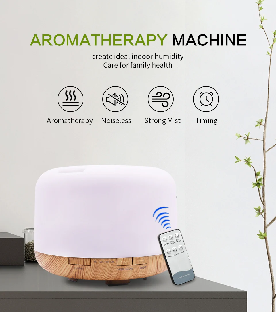 FUNHO 500ml Ultrasonic Air Humidifier led light wood grain Aroma Essential Oil Diffuser aromatherapy mist maker Remote Control