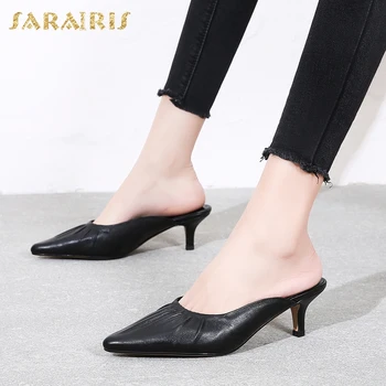 

Sarairis 2020 New Arrivals Genuine Cow Leather Pointed Toe Concise Pumps Mules Woman Shoes Slip-On Thin Heels Summer Pumps Women