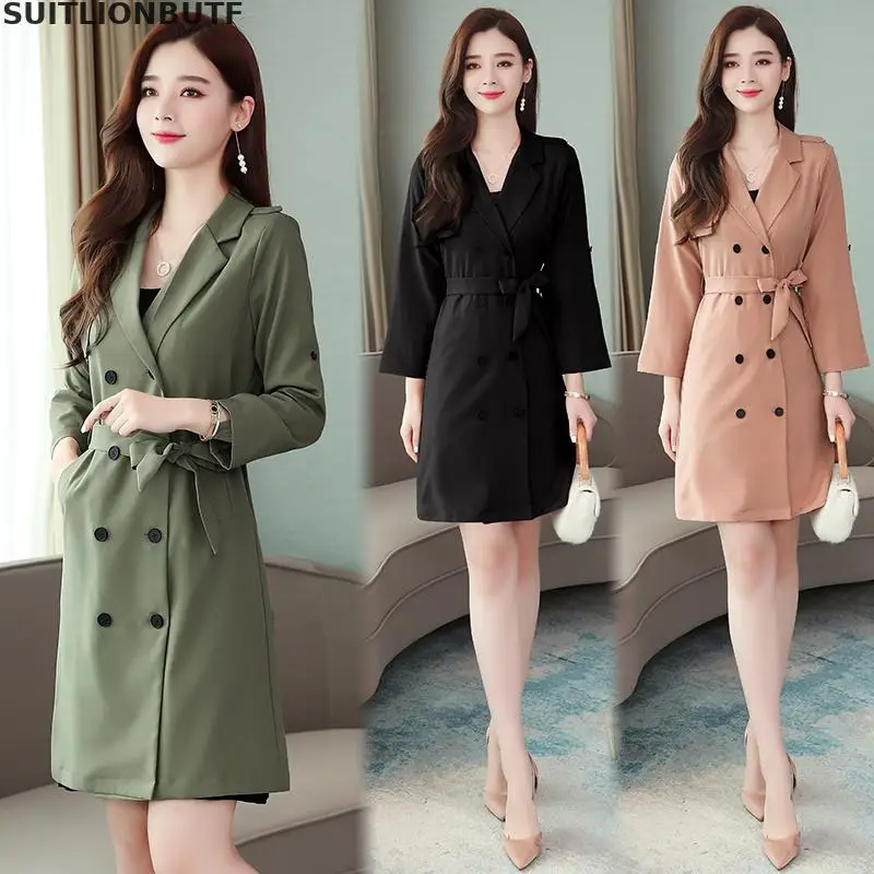 

Autumn Solid Elegant Ladies M-4XL Plus Size Trench Coat Double Breasted Sashes Slimming Mid-length Clothes Korean Trench Coat