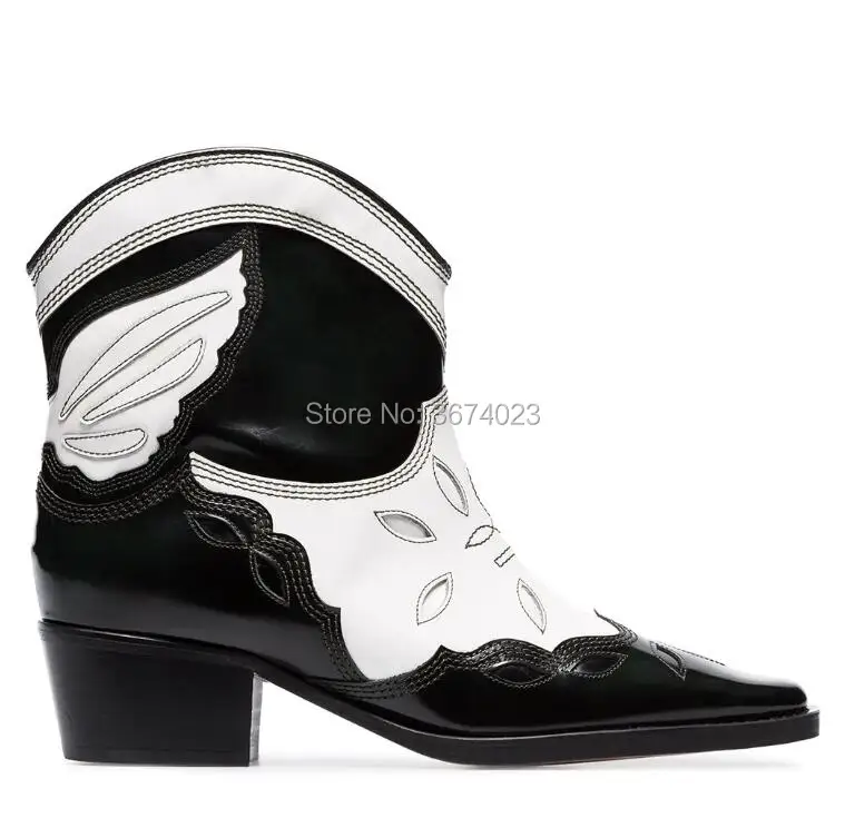 Qianruiti; chaussures femme; ботильоны в ковбойском стиле в стиле ретро; женские ковбойские ботинки без шнуровки на не сужающемся книзу массивном низком каблуке