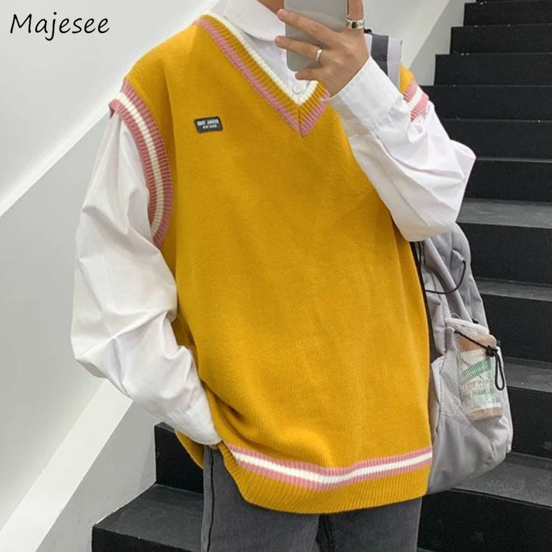 Suéter Chaleco de los hombres de ocio Patchwork Oversize Chic adolescentes Harajuku moda coreana diario prendas de vestir Ins-Encuentro de suéteres de la calle Retro
