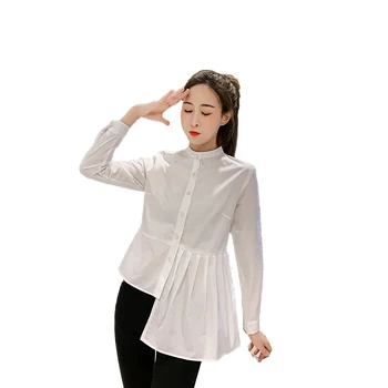 

COIGARSAM New 2019 Autumn Casual Shirt Womens tops Full Sleeve Slim Wind Hem Fold Irregular Shape Women shirts White 9215