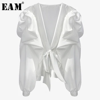 

[EAM] Women White Ruffles Temperament Blouse New V-collar Long Sleeve Loose Fit Shirt Fashion Tide Spring Autumn 2020 1T313