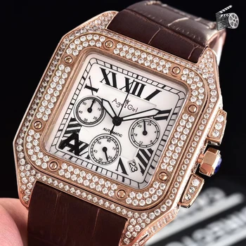 

Classic New Chronograph Men Stopwatch Sapphire Full Iced Diamond Case Rose Gold Silver Black Leather Sport Watches AAA+