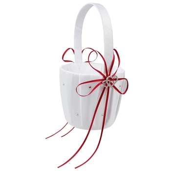 

Double Heart Wedding Flower Girl Basket White Satin Rhinestone Decor Red Wedding Ceremony Party Favor