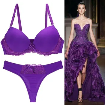 

Lingerie Factory Newest design young lady fancy bra panty set Women Plunge Bra Thong Set