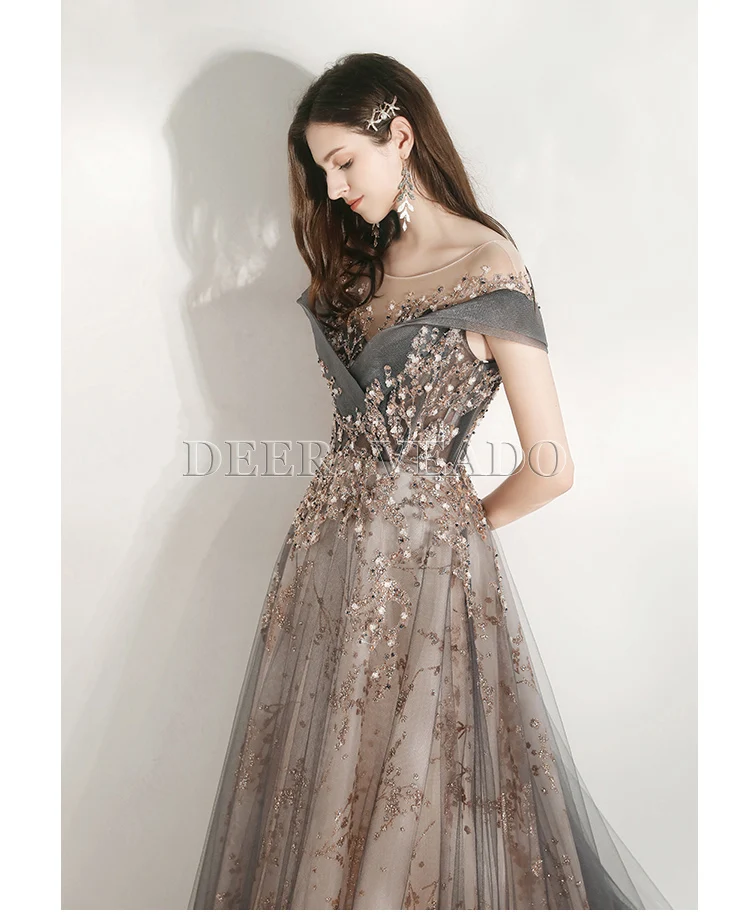 DEERVEADO MFY102 Luxury Appliques Prom Dresses Long 2020 Cap Sleeve Formal Party Dress Prom Gown with Train Robe De Soiree