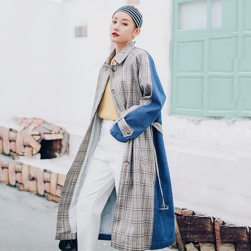 

Spring Autumn 2019 Women Trench Coat Oversize long Single Breasted outwear Patchwork Blue Lattice Vintage Windbreaker female F49