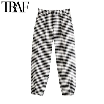 

TRAF Women Chic Fashion High Waist Plaid Harem Pants Vintage Zipper Fly Side Pockets Female Ankle Trousers Pantalones