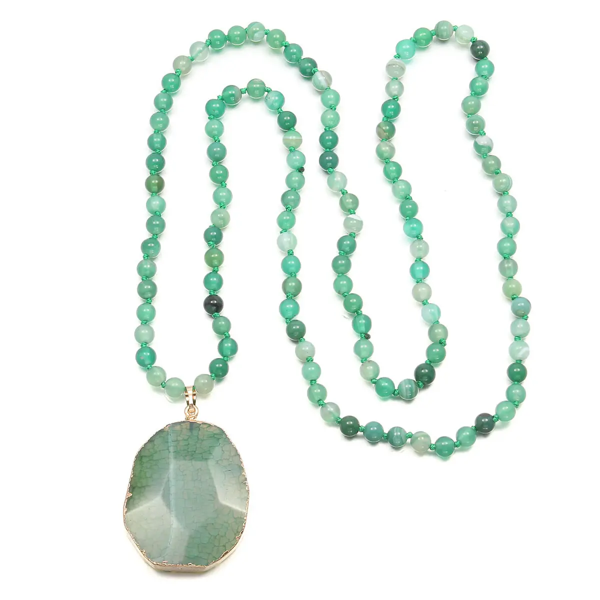 

Fashion Beads Jewelry for Men Women Bohemian Green Agat Stone Long Necklace Section Face Pendant Natural Stone Necklaces 90cm