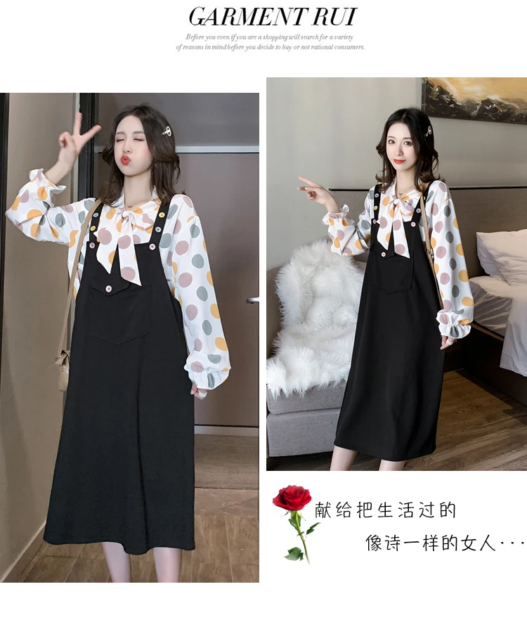 6902# Весенняя корейская мода для беременных комплекты одежды в горошек рубашка для кормящих+ платье на бретелях для беременных