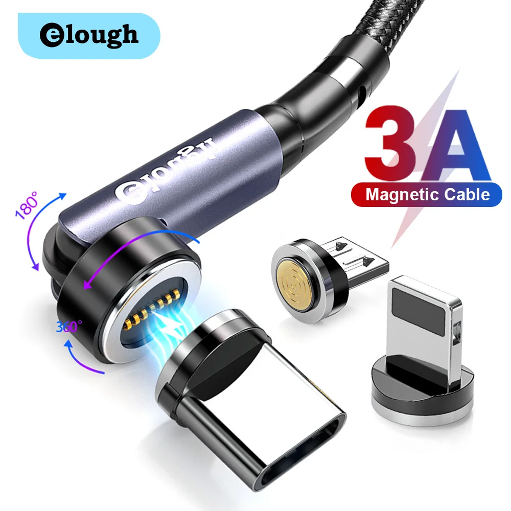 Elough 540 회전 마그네틱 케이블 3A 고속 충전 자석 충전기, 마이크로 USB C 타입 케이블, 아이폰 샤오미 휴대폰 와이어 코드