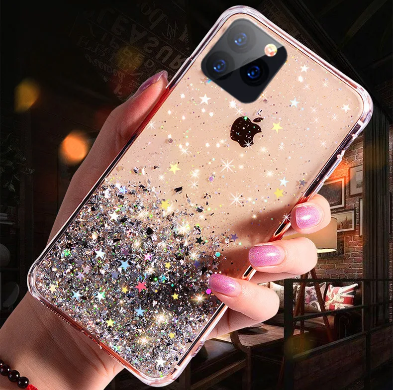 Чехол для iPhone 11 Pro Max, чехол с блестящей звездой для iPhone11 Pro MAX X R XR XS 7 8 6s Plus, прозрачный мягкий чехол из серебристой фольги