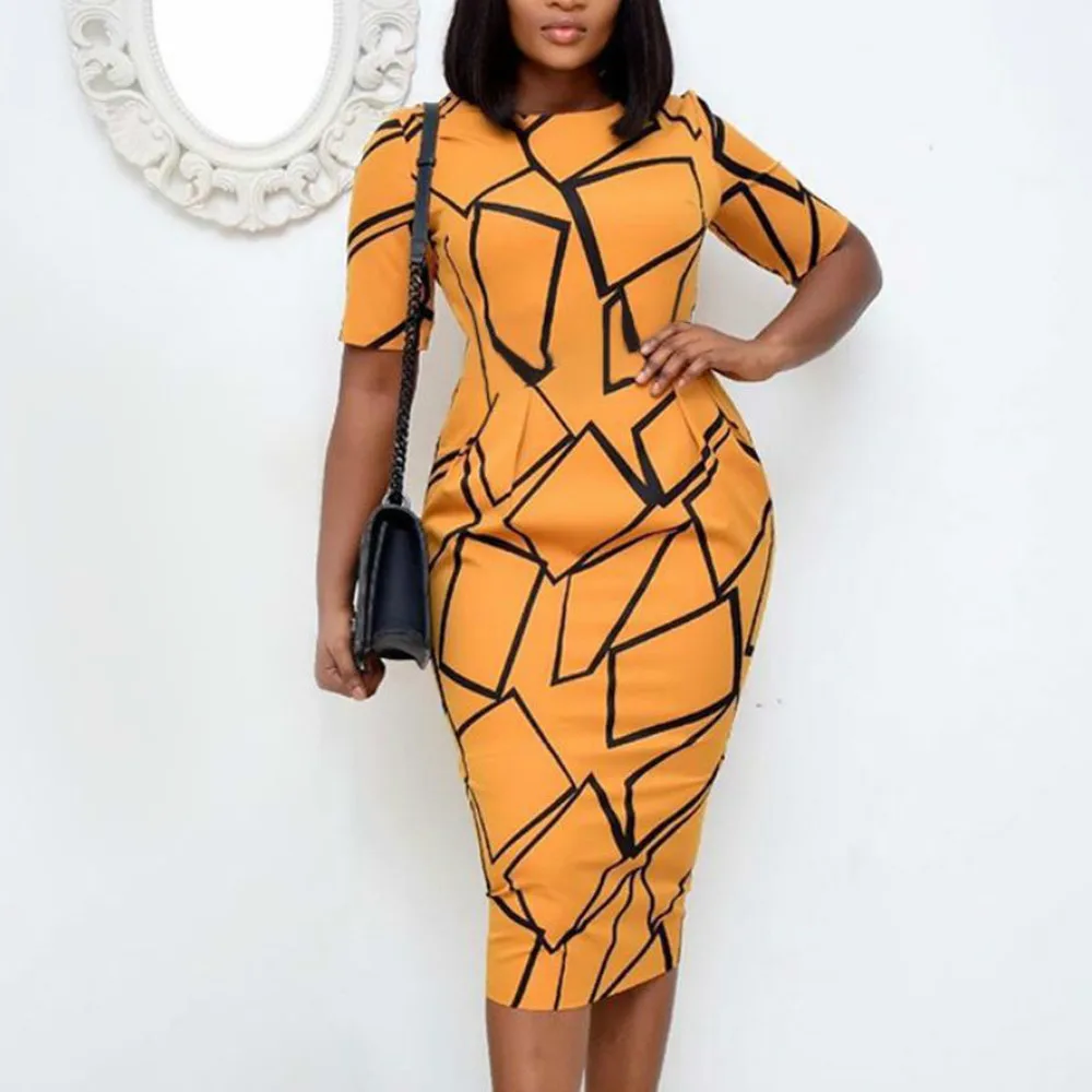 

Elegant Dress Bodycon Geometric Patterns Print Women Dresses Summer Office Formal Plus Size Clothing for Date Night Birthday 2XL
