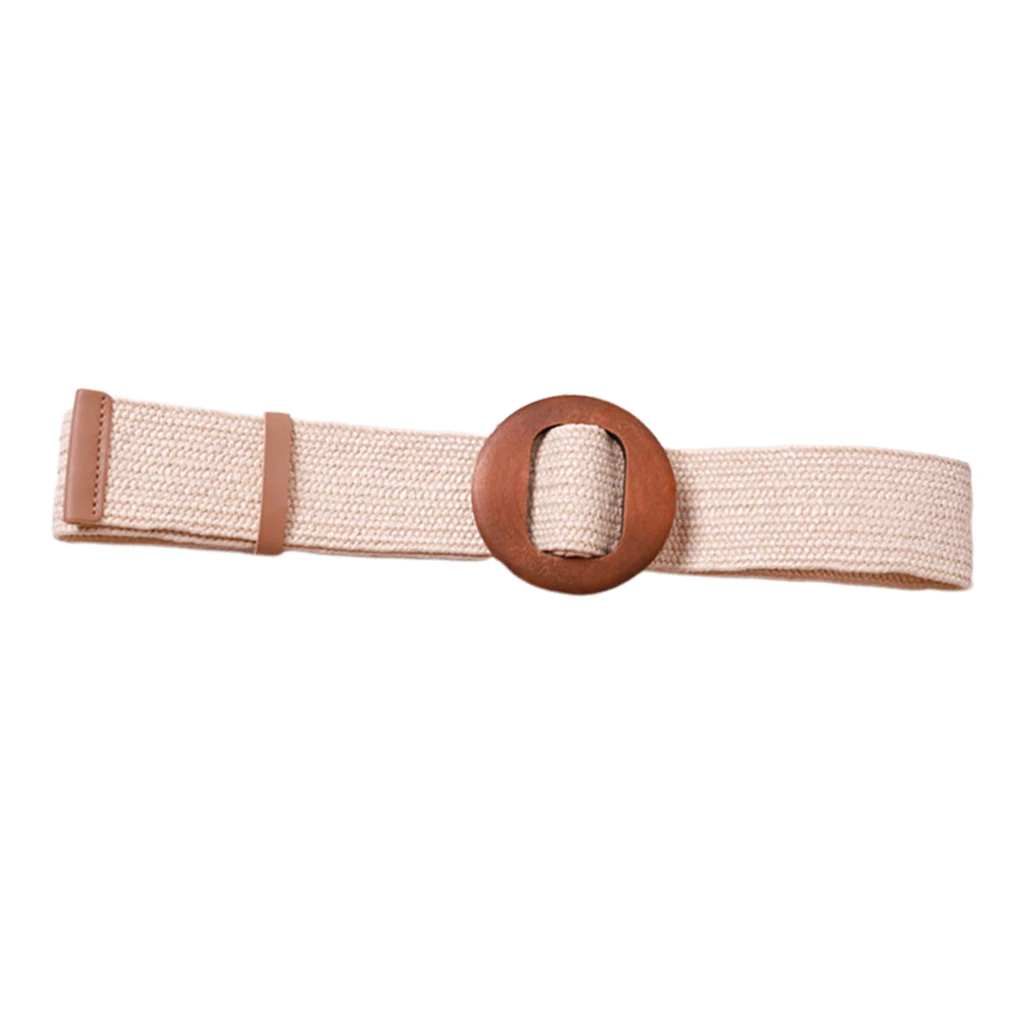 Women Braided Straw Waistband Cinch Belt with Round Wooden Buckle