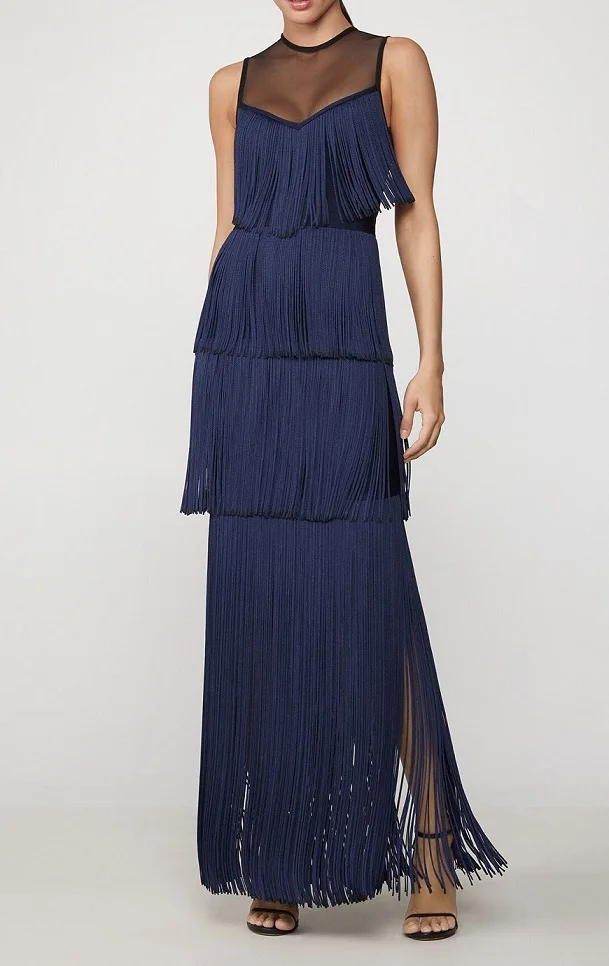 High Quality Elegant Tassel Bandage Dress Celebrity Fashion Vintage Night CLub Evening Party Dresses Long Bodycon - Цвет: Тёмно-синий