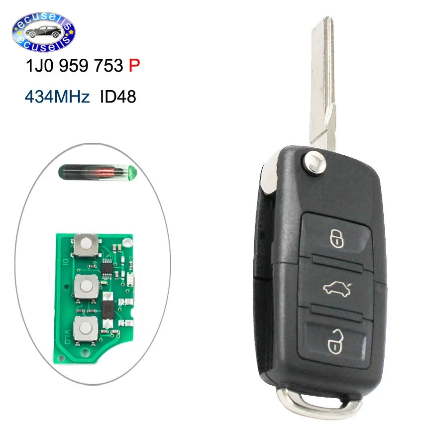 Flip Remote Key Fob 3 Buttons With ID48 Chip 433MHz For VW PASSAT GOLF BEETLE and more others FCC : 1J0 959 753 P | Автомобили и