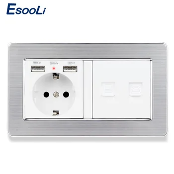 

Esooli Stainless Steel Brushed Panel EU Standard Wall Socket with 2 USB + Telephone Connector and RJ45 Internet Jack