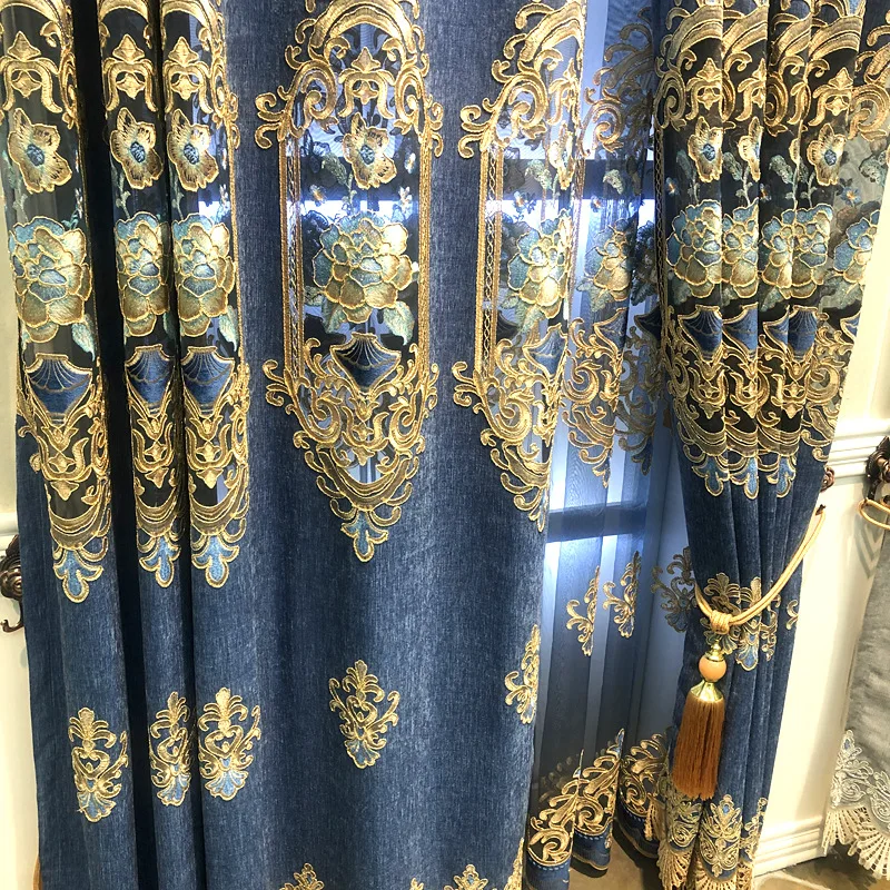 Blue water soluble yarn embroidered decorative curtains for Living Room Luxury Embroidered Voile Drapes Window Curtain Bedroom - Цвет: blue curtains