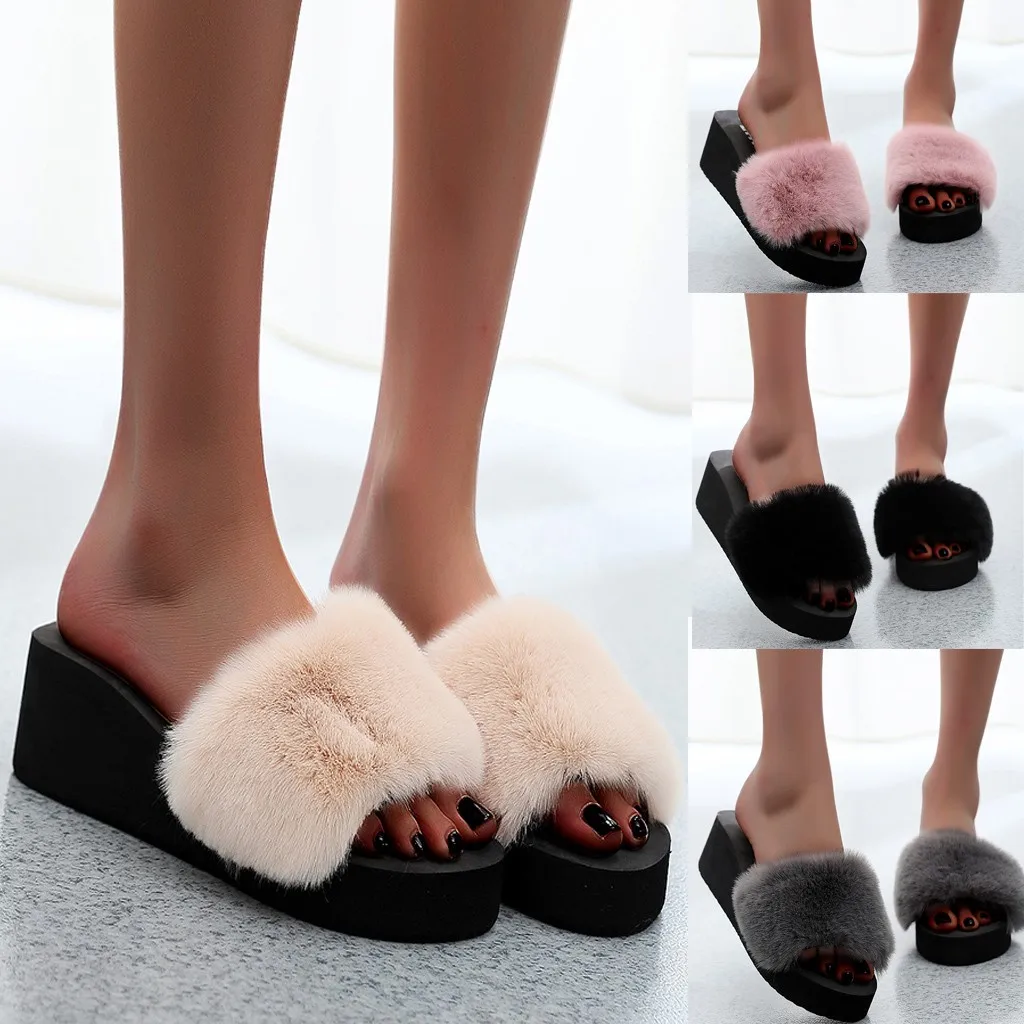 20 # Zapatillas moda Mujer interior pelusa Mujer Slip on punta abierta plana pantuflas calientes para el invierno Chanclas Sandalias Mujer|Zapatillas| - AliExpress