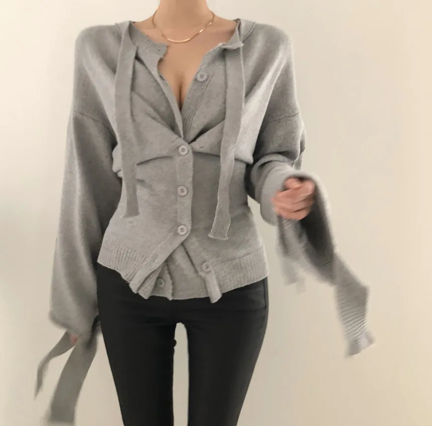 SHENGPALAE 3 цвета необычные с расклешенными рукавами Индивидуальный Женский свитер Весна Осень Корея вязаный модный необычный Топ FS755 - Цвет: gray