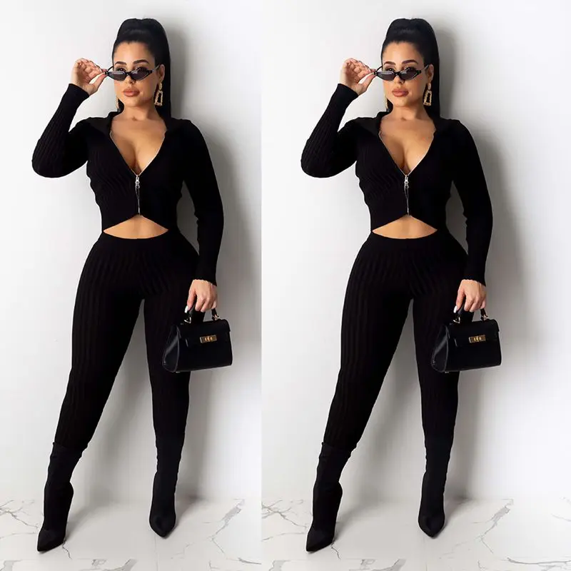 HAOYUAN Sexy Knitted Two Piece Set Tracksuit Women Fall Winter Clothing Crop Top and Pants Matching Suit 2 Piece Club Outfits