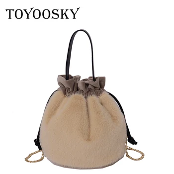 

TOYOOSKY Fur Handbags Winter Top Hand Pu Leather Shoulder Bag High Quality Bolsos Mujer Bucket Bags Cute Japan Small Tota