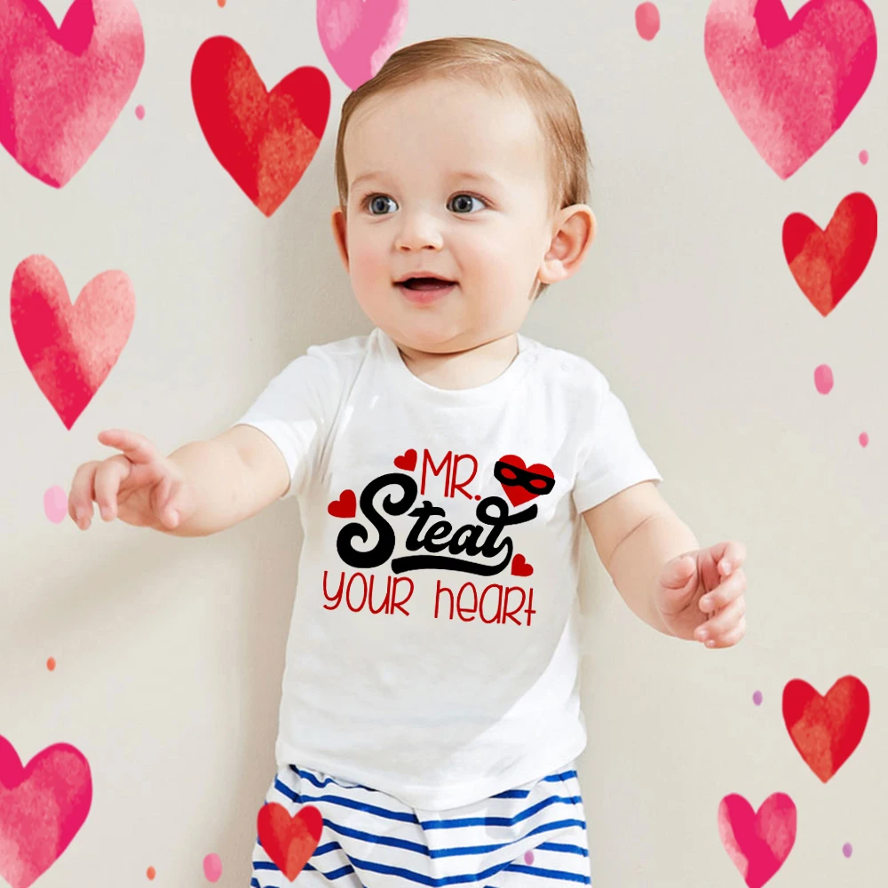 Летняя футболка с короткими рукавами для мальчиков с надписью «MR Steal Your Heart» повседневная детская футболка с круглым вырезом, топы на День святого Валентина, милый подарок
