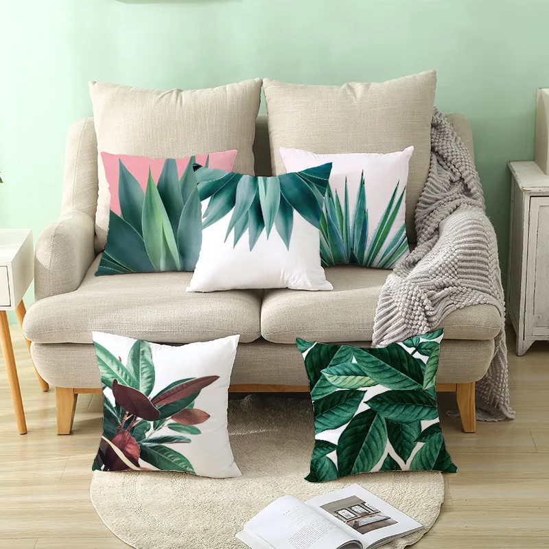 Los niños plantas tropicales Palma hojas verdes de hoja de fundas de cojín de Monstera hibisco flor cojín protectores de decoración Beige funda de almohada de lino