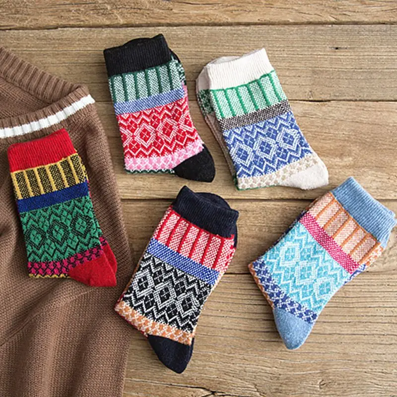5 пар, женские носки, теплые, зимние, толстые, шерстяные, в винтажном стиле, с геометрическим принтом, удобные, 95AB