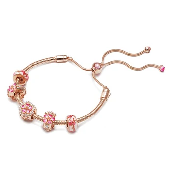 

Real 925 Sterling Silver Rose Peach Blossoms Flower Europe Bracelet Set Fit Original Women Bead Charm Bangle Gift DIY Jewelry