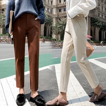

2020 Autumn New Women Elastic Woolen Pant Female Plus Size Casual Trousers Black/Gray Harem Pants Winter Wool Ankle-Length Pants