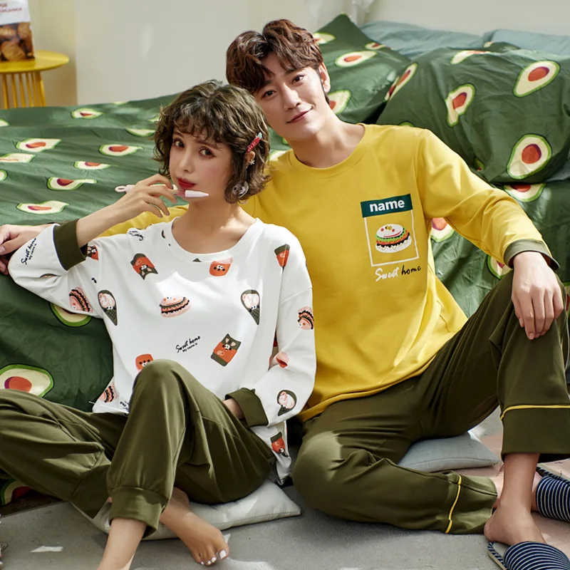 

spring and autumn pure cotton long sleeve pants sweet Korean version men's and women's thin home clothes two piece suit