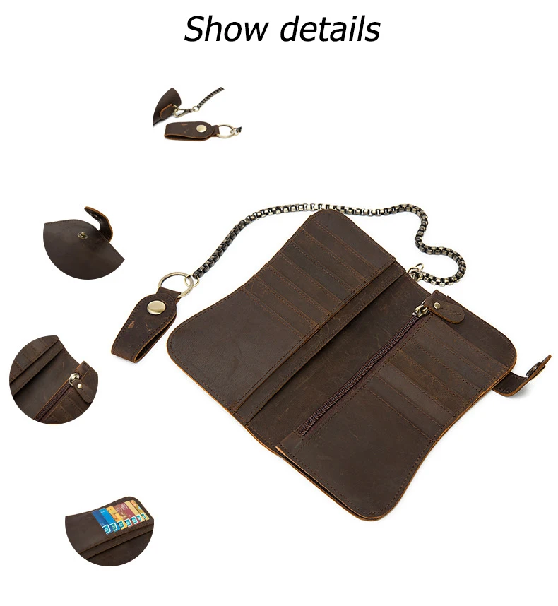 Длинный бумажник из натуральной кожи в стиле ретро для мужчин Кожаная цепочка Анти-кражи кошелек клатч бизнес кошелек