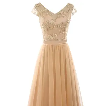 

New Arrival Champagne Tulle Evening Dress Embroidered Pearl V Neck Floor Length Formal Party Dress With Lining Robe De Soiree