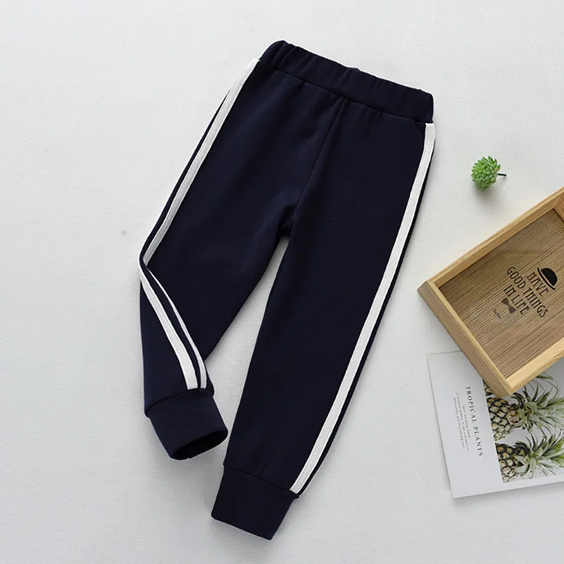 navy blue Модные спортивные штаны для мальчиков и девочек; яркие леггинсы; белые весенние штаны в полоску; Детские хлопковые леггинсы для школы; сезон осень - Цвет: navy blue