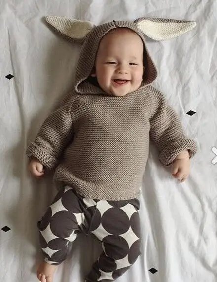

2019 Children Sweter Pullover Baby Boys Girls Rabbit Ears Hooded Clothes Infant Tiny Autumn Winter Knitted Sweater Kids Clothing