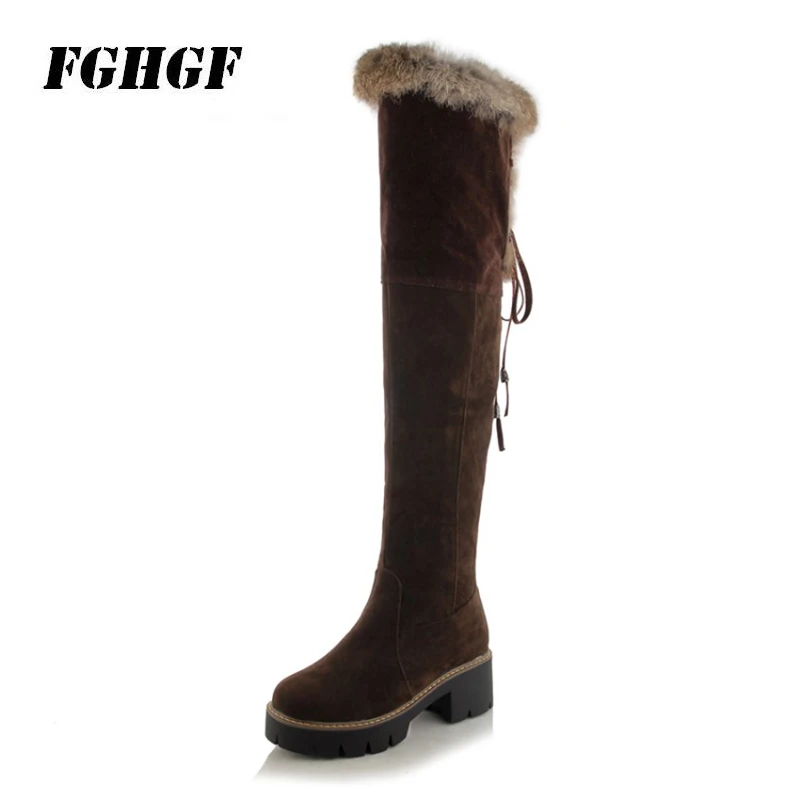 

Winter rabbit fur boots and velvet thick snow boots over the knee high boots with thick with women cotton shoes Waterproof plat