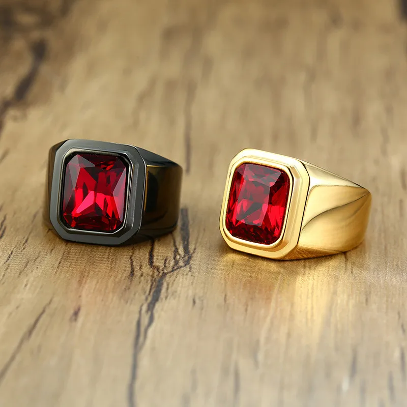 KOtik Vantage Black Stainless Steel Men's Signet Ring Square Red Zircon Stone Party Brands Fashion Male Classic Jewelry | Украшения и
