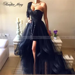 Image 4 - Black Sequin One Shoulder Long Sleeves Arabic Evening Dress with Overskirt Detachable Skirt Ruffles High Low Prom Dresses Formal