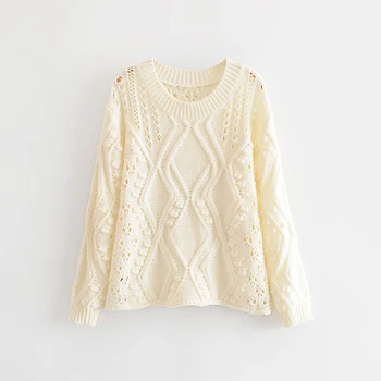 

O-neck Women Long Sleeve Sweater Knitted Beige Hollow Out Female Sweater Casual Polluver