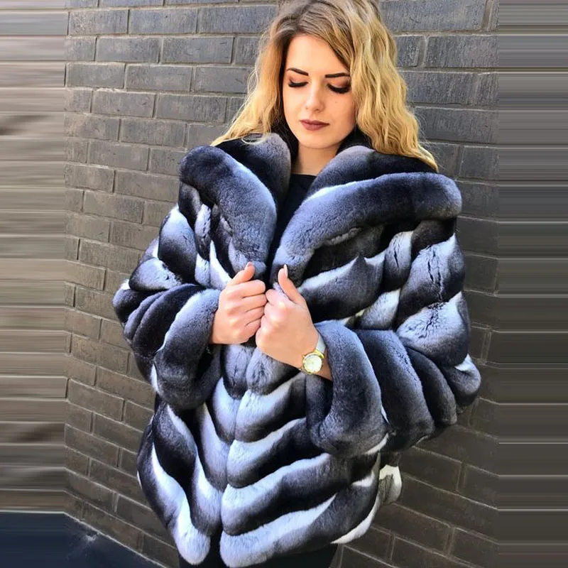 YZ Future Natural Rex Rabbit Fur Coat Long Sleeve Chinchilla Color Fur Long Jackets Striped Pattern with Big Collar Warm coat