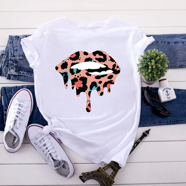 Summer Fashion Shirt Lips Leopard Graphic T Shirt Women Harajuku Tops  O-neck 4 colors Tee Kiss Lip Funny Girls  T-shirt Lips 4 White