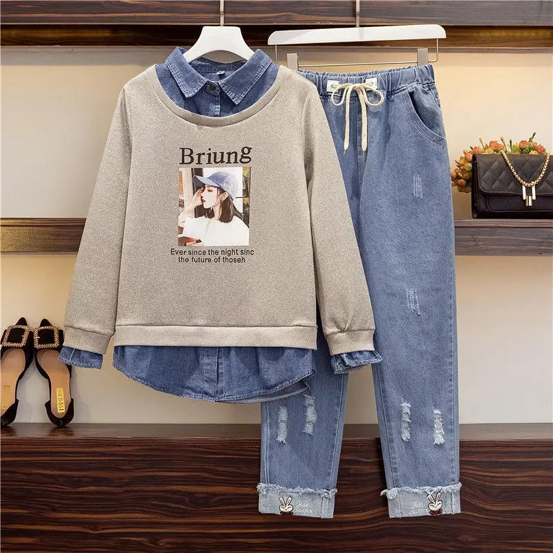 

Women's Plus Size Casual Suit Spring and Autumn Two-Piece Slimming Western Style Ageing Heart Machine Sweater JeansTwo-Piece Set