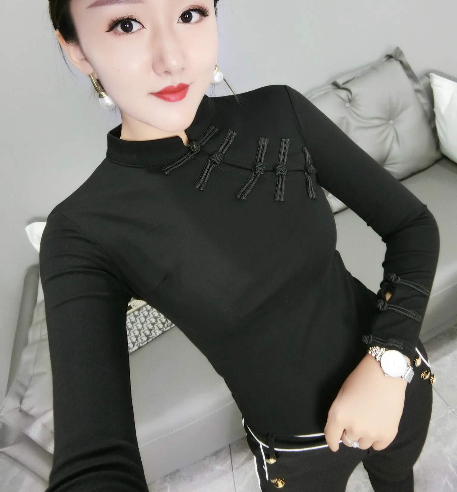 Китайские винтажные женские футболки-Ципао облегающие Женские пуловеры с